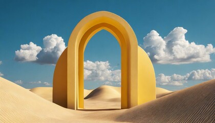 3D desert landscape with yellow arches and white clouds in the blue sky