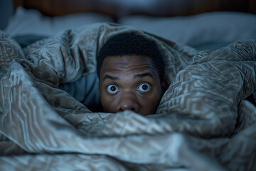 Shocked frightened man in bed covered with patterned blanket