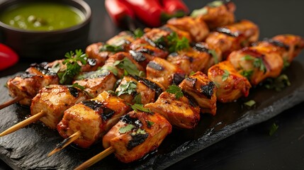 Delicious Indian Chicken Tikka Skewers with AI-Generated Description. Concept Delicious Indian Chicken Tikka Skewers, Flavored with traditional spices, marinated to perfection