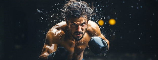 Portrait of a courageous dark-haired boxer in boxing gloves, ready to strike, against the dark background with water drops. Panoramic banner with copy space, boxing - obrazy, fototapety, plakaty