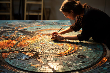 Woman creating mosaic design - obrazy, fototapety, plakaty