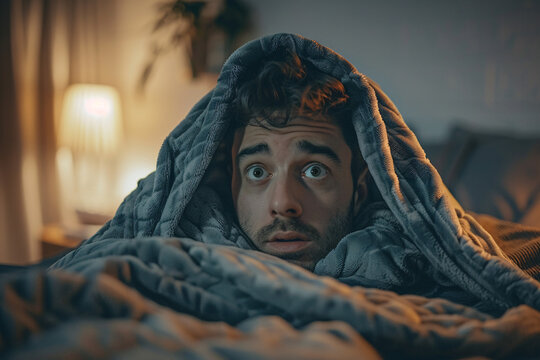 Terrified man under blue blanket with wide-eyed expression