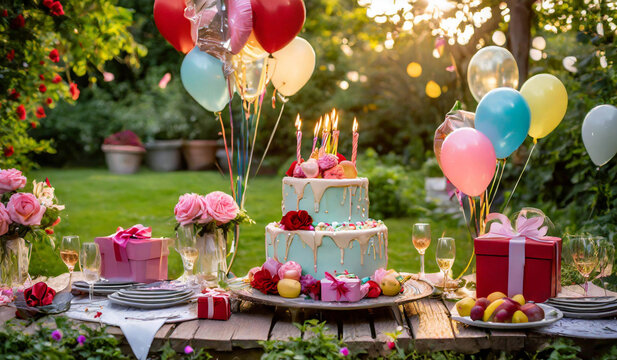 Birthday cake and balloons are in the garden ready to host a birthday party