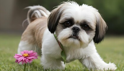 A Curious Shih Tzu Sniffing A Flower Upscaled