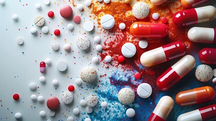 Graphical representation of medication for disease treatment, medical equipment, and the atmosphere inside a pharmacy, including a pharmacist medical equipment. - obrazy, fototapety, plakaty