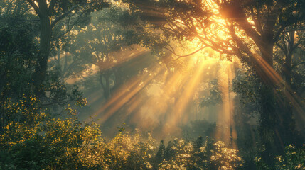 Morning sun rays pierce through the mist of a lush, green forest, creating a mystical and serene atmosphere.