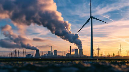 Single wind turbine, a coal burning power plant with pollution and electricity pylons in the background. - obrazy, fototapety, plakaty