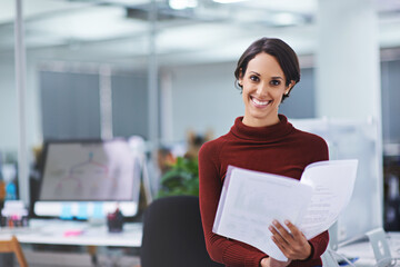 Woman, office and paperwork with smile in confidence for business or worker contract at work as hr manager. Portrait, female person and document in happiness with folder for company policy and law.