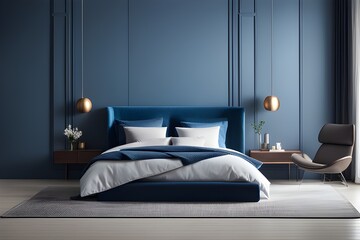 bed with blue blankets and blue pillows