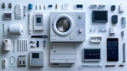 Fototapeta premium Graphical representation of medication for disease treatment, medical equipment, and the atmosphere inside a pharmacy, including a pharmacist medical equipment.
