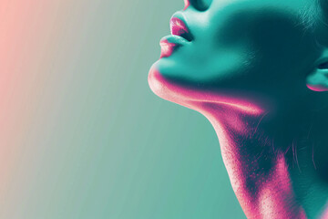 Profile of a woman under teal and pink lighting accentuating features