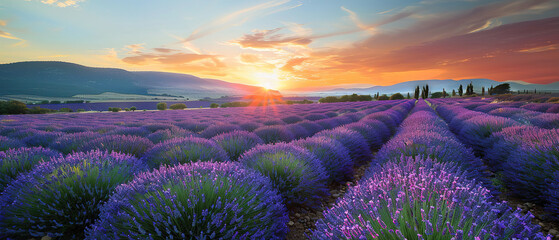 Fototapeta premium sunset over the lavender fields with a clear sky, with empty copy space