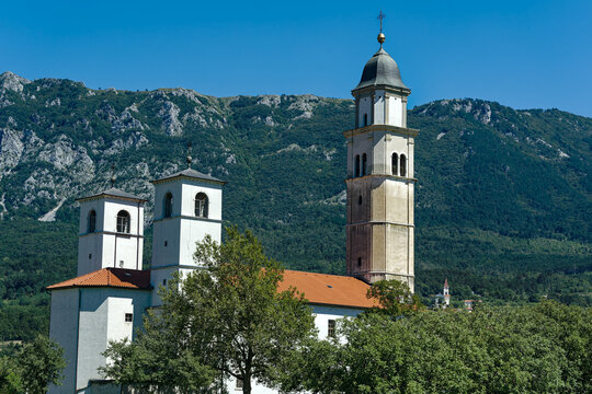 Scenic landscape with catholic church of Slovenian village of Budanje in the foreground on a sunny summer day. Photo taken August 11th, 2023, Budanje, Slovenia.