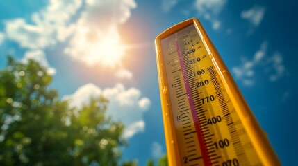 Thermometer Sun high Degrees. Hot summer day. High Summer temperatures