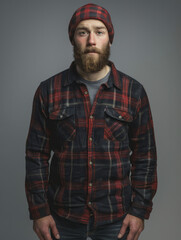 Fototapeta premium Portrait of a bearded man in a red and black checked shirt with a red knitted beanie on a grey background