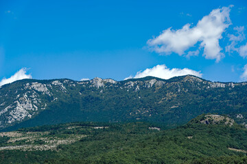 Scenic view of woodland and mountain panorama at southern Slovenian valley on a sunny summer day....