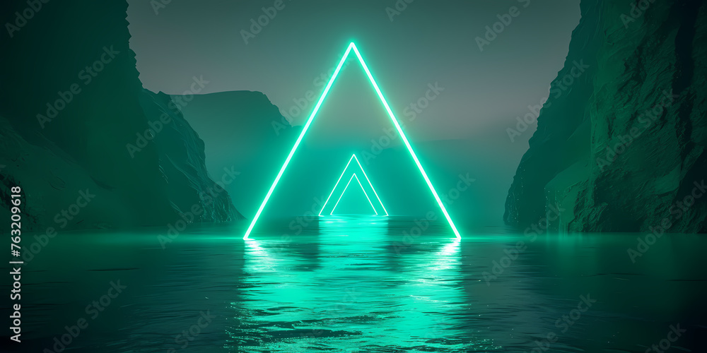 Poster abstract green neon background with triangular shape, laser rays and glowing lines - a street with b