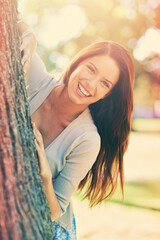 Woman, park and tree with smile, portrait and happiness with joy and green fun for nature. Lady,...
