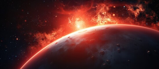 Obraz premium The suns rays are illuminating the Earths atmosphere, creating a bright sky with scattered clouds and reflecting off water. The heat from this astronomical object is felt on the horizon