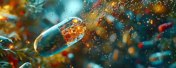 Vitality in a Capsule: Microscopic Medicinal Breakthrough. A close-up of a medicinal capsule revealing a dynamic burst of active ingredients at the microscopic level.