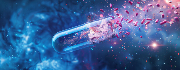 Dynamic Release of Medical Capsule Contents. Conceptual image of a capsule dispersing advanced pharmaceutical compounds.