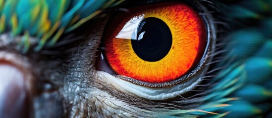 A macro photograph of a birds eye showing a colorful iris with red and yellow hues, intricate eyelashes, and an electric blue circle around the pupil. A stunning piece of visual art