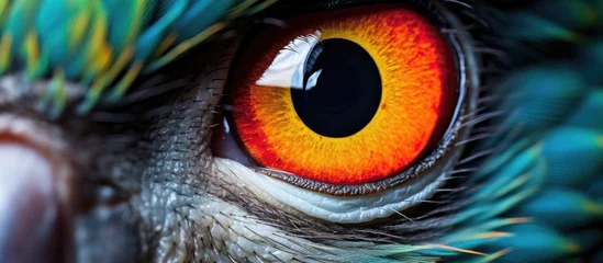 Schilderijen op glas A macro photograph of a birds eye showing a colorful iris with red and yellow hues, intricate eyelashes, and an electric blue circle around the pupil. A stunning piece of visual art © 2rogan