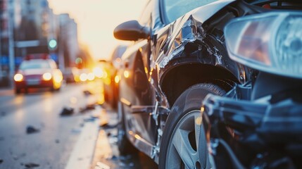 Car accident scene. A damaged vehicle after a collision, with debris on the road and the blurred city traffic in the background during twilight, emphasizing urban traffic incidents. - obrazy, fototapety, plakaty