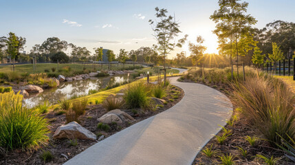 Fototapeta na wymiar The golden hour sun casts a warm glow over a peaceful suburban park with a winding path, pond, and native vegetation.