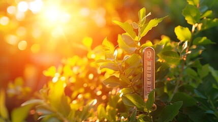 Thermometer Sun high Degrees. Hot summer day. High Summer temperatures - obrazy, fototapety, plakaty
