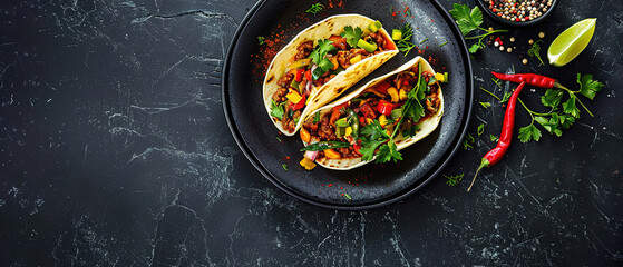 food photography, elegant chilli tacos dish, top down view, black plate, herbs and spices, plain background with lots of free copy space