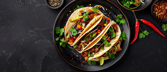 food photography, elegant chilli tacos dish, top down view, black plate, herbs and spices, plain background with lots of free copy space