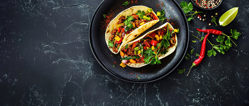 food photography, elegant chilli tacos dish, top down view, black plate, herbs and spices, plain background with lots of free copy space