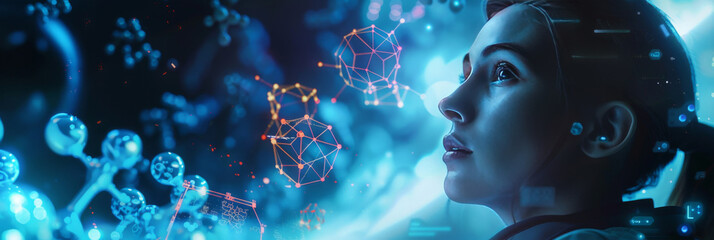 Futuristic Medical Research: Scientist and Molecular Visualization. Scientist in lab coat gazing at advanced molecular structures in a high-tech research facility.