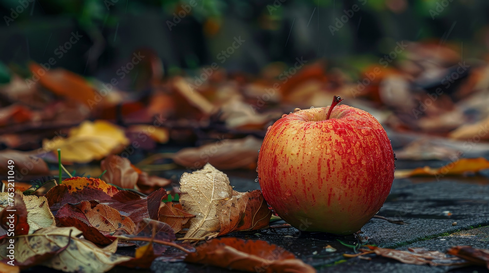 Canvas Prints A dewy red apple among fallen autumn leaves.