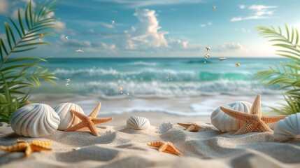 Fototapeta na wymiar Seashells and Starfish on Sandy Beach