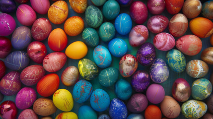 Fototapeta premium Vibrant Hand-Painted Easter Eggs. Assortment of colorful, decorated Easter eggs on display.