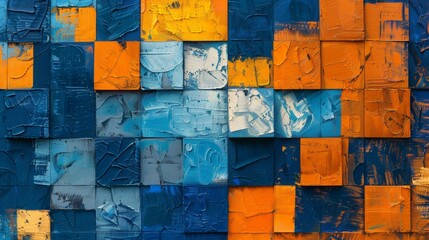 Abstract Painting of Blue, Yellow, and Orange Squares - Background, Texture