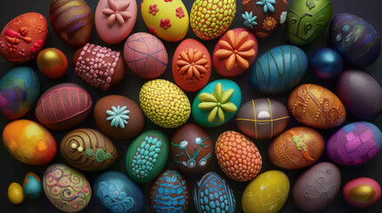 Fototapeta na wymiar Vibrant Hand-Painted Easter Eggs. Assortment of colorful, decorated Easter eggs on display.