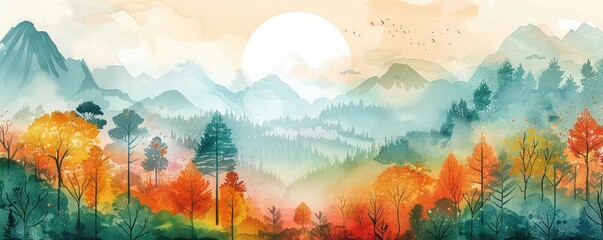 Vibrant autumn landscape with mountains and sunset - This colorful and serene picture captures a beautiful autumnal landscape with mountains and birds at sunset