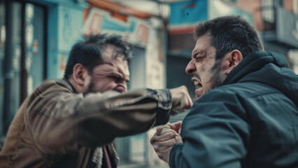 Two men exchanging a heated argument, intensity palpable in the urban setting.
