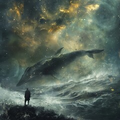 Fototapeta premium Surreal collage with man and whale, AI generated 