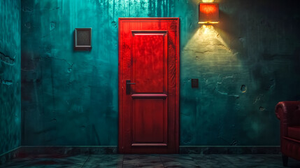 Mysterious red door in a moody dark room
