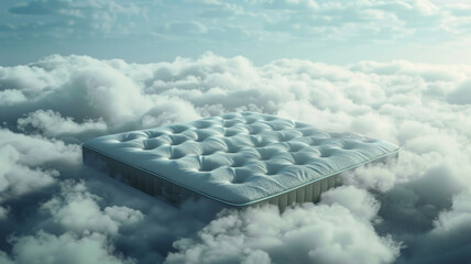 Dreamlike mattress floating among fluffy clouds against a clear blue sky. - obrazy, fototapety, plakaty