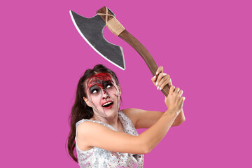 Scary zombie woman with axe on purple background