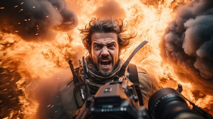 Director amidst action shoot chaos capturing explosive stunt moments