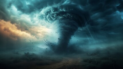 Tornado In Stormy Landscape - Climate Change And Natural Disaster Concept
