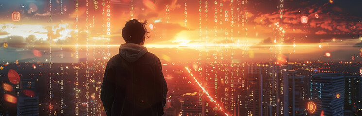 Digital Dreamscape: Man Overlooking Cyber Sunset City. Back view of a man gazing at a vibrant sunset over a digital cityscape infused with streaming binary code.