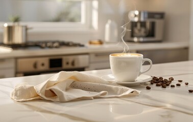 Fototapeta na wymiar A steaming cup of coffee sits on a white marble countertop, surrounded by roasted beans, in a modern kitchen setting with soft lighting