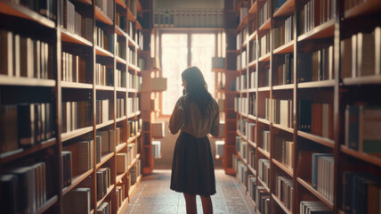 A curious girl stands awestruck in a library aisle, immersed in the world of books and knowledge.